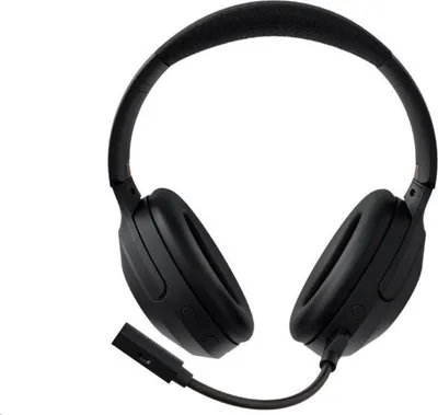 A black pair of headphones with a microphone attachment, shown against a white background.