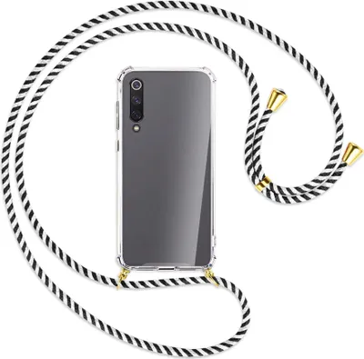 Produktbild von Handykette Backcover-Schutzhülle mit Band (Metall goldfarben) für Xiaomi Mi 9 SE - schwarz/weiß gestreift