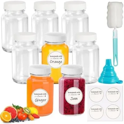 Produktbild von PromoHome® Glas Ingwer Shot Flaschen Set von 8 - 100ml Wiederverwendbare Mini Flaschen mit Trichter, Reinigungsbürste und Etiketten