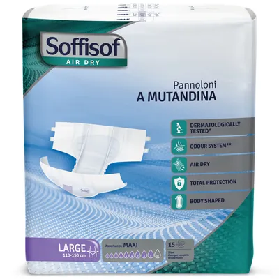 Obrázok produktu pre 15x Soffisof Classic Air Dry Maxi veľkosť L – Plienky pre dospelých – 1 balenie (15 kusov) – Inkontinenčné plienky s 9 kvapkami savosti