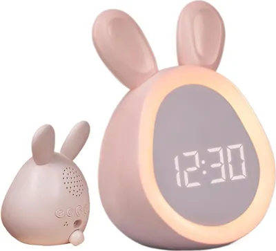A pink bunny-shaped alarm clock with a digital display and a glowing light ring is shown next to a smaller, rear view of the same clock.