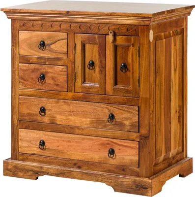 A wooden chest of drawers with a cabinet on top.