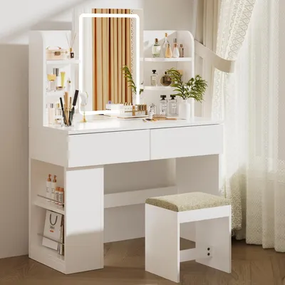 Obrázok produktu pre Toaletný stolík so zrkadlom a LED osvetlením, s 3 teplotami farieb, nastaviteľnou intenzitou svetla, v bielej farbe, vrátane stoličky