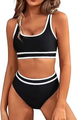 Produktbild von Frauen High Waist Bikini-Sets Sportliche Zweiteilige Badeanzüge Farbblock Freche Hochgeschnittene Bademode