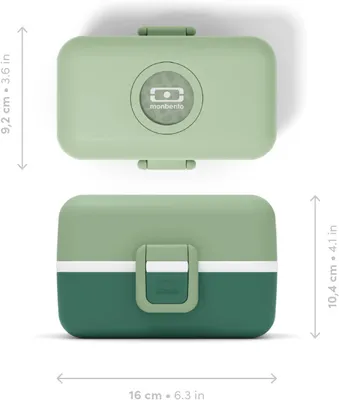 A top and side view of a green lunchbox with dimensions indicated.
