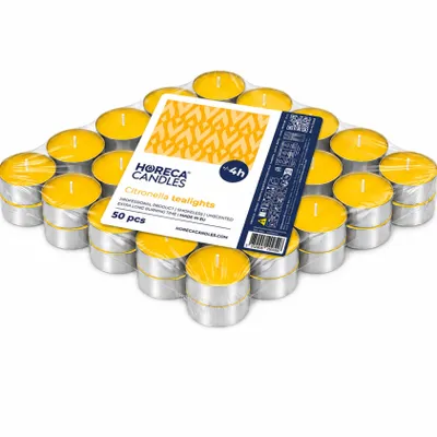 Produktbild von Horeca Candles – 50 Citronella Teelichter Gelb – 4h Brenndauer, Duftkerzen für Außenbereich, Balkon, Garten & Picknick - Zitronella