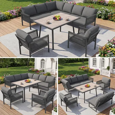 Produktbild von Gartenlounge Sitzgruppe, L-förmiges Outdoor Sofa für 7-8 Personen, inkl. Tisch mit Holzoptik-Glasplatte und 2 handgeflochtenen Sesseln