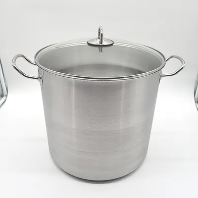 A stainless steel pot with a glass lid is shown against a white background.