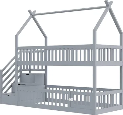Produktbild von okwish Etagenbett 90x200 mit Stauraumschubladen,Kinderbett Holzbett mit Dach,Bettgestell Jugendbett mit Sicherheitsleiter und Dach,ohne Matratze,Grau