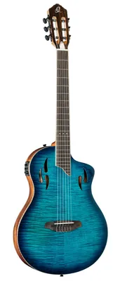 A full-body studio shot of an acoustic guitar.