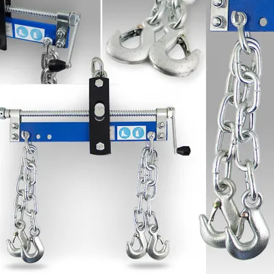 A collage of images showing a motor balancer/positioner with chains and hooks.