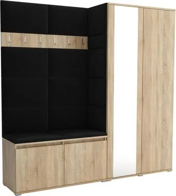 Produktbild von Garderoben-Set Noris IV mit Spiegel, gepolsterte Garderobe mit Sitzbank, Wandpaneelen und Stauraum (Farbe: Sonoma Eiche + Trinity 16)