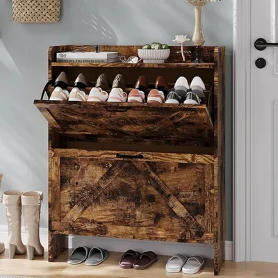 Produktbild von Schuhschrank - Schuhaufbewahrung mit 2 Klappfächern - Schmal - Freistehend mit Füßen - Landhausstil - Für Flur/Eingang - Schwarz