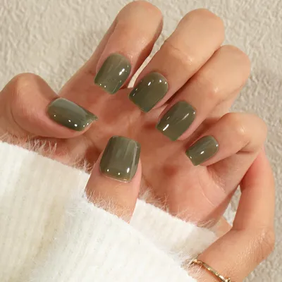 Image de Ongles artificiels courts avec colle, couleur vert olive transparent, forme carrée, ensemble de 24 pièces