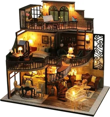 Imagen del producto de Casita de muñecas en miniatura, para montar usted mismo. Casita en miniatura con iluminación LED, ideal para estanterías