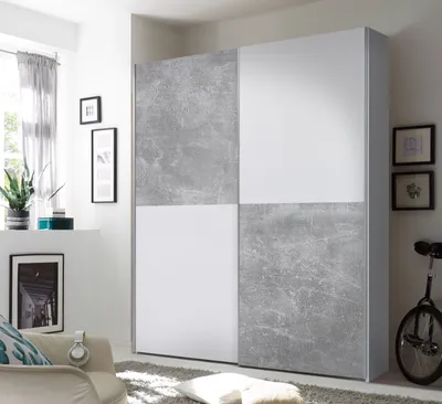 Produktbild von Schwebetürenschrank PULS Kleiderschrank Schrank Schlafzimmer 170cm Weiß Schachbrett Beton grau