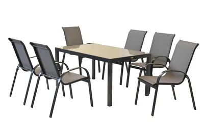 A set of outdoor dining furniture, including a table and six chairs, arranged on a white background.
