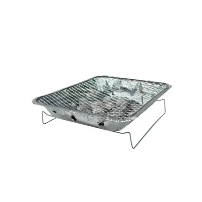 A disposable grill with charcoal inside, shown on a white background.