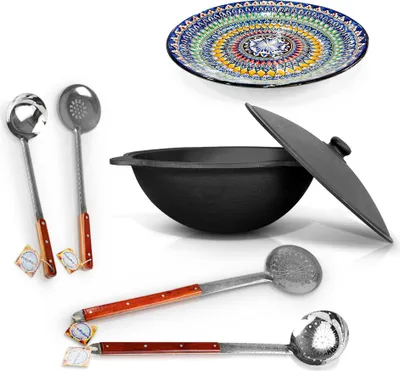 Produktbild von Gusseisen Uzbekisch Kazan 22 L Deckel Schaumlöffel Lagan Kochtopf Namangan Kasan