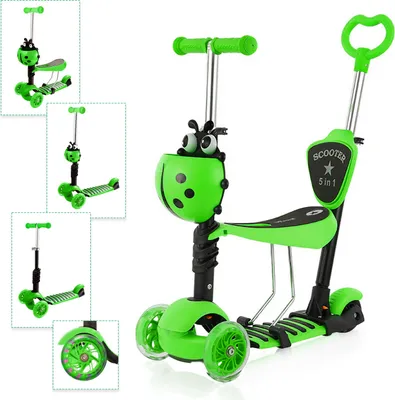 Produktbild von Yoleo Kinderroller Scooter mit abnehmbarem Korb in Marienkäferform, abnehmbarem Sitzschlitten LED große Räder höhenverstellbarer Lenker für Kinder ab 2 Jahren (grün)