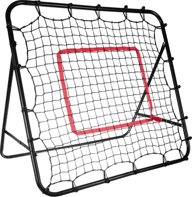 A black metal soccer rebounder with a red target square on the net, shown from the front.