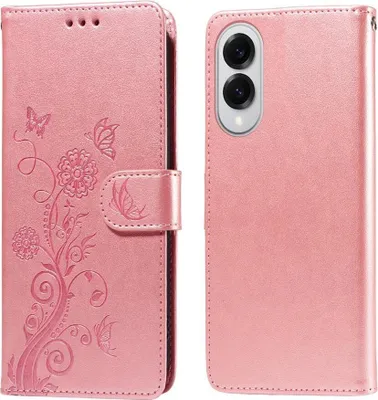 A pink flip case for a smartphone, with a butterfly and floral design on the front cover, and the back of the case showing the camera cutout.