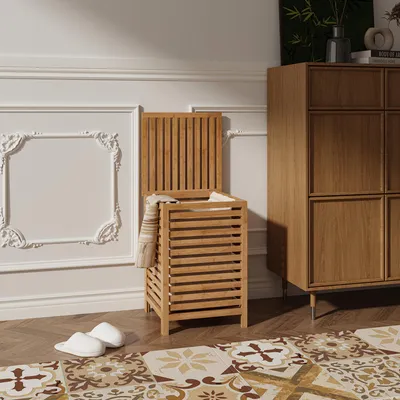 Immagine prodotto di Cesto portabiancheria "Jystiand" con coperchio e sacco porta biancheria 64 L Effetto lamellare Bambù naturale
