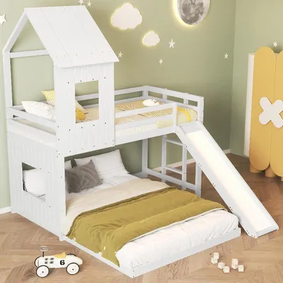 Obrázek produktu pro Patrová postel se skluzavkou, rozměry 90x200 cm a 140x200 cm, bílá, vyrobená z borovice a MDF. Dětská postel ve tvaru domku se střechou a okny
