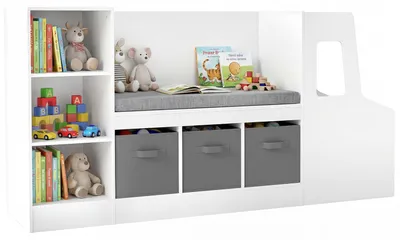 Produktbild von COSTWAY Kinderregal, Bücherregal Kinder in Autoform mit Sitzbank, 7 Fächern, 3 Schubladen & Sitzkissen,Spielzeugregal, Kinderbücherregal 159x40x81,5cm
