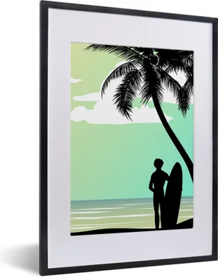 Produktbild von MuchoWow® MuchoWow® Gerahmtes Poster Meer - Surfbrett - Palme 30x40 cm - Poster mit zchwarzem Bilderrahmen - Wandposter Schlafzimmer