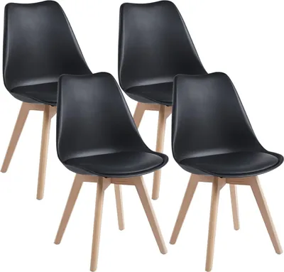 Produktbild von TEENO Esszimmerstühle, Küchenstuhl, skandinavisch, Retro mit Rückenlehne, gepolsterte Sitzfläche aus massiver Buche（Schwarz, 4er Set）