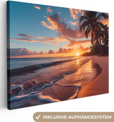 Produktbild von MuchoWow® - Leinwandbilder - Sonnenuntergang - Palmen - Meer - Sonne - Strand, Wandbild, Wanddeko Bilder Wohnzimmer, 80x60 cm