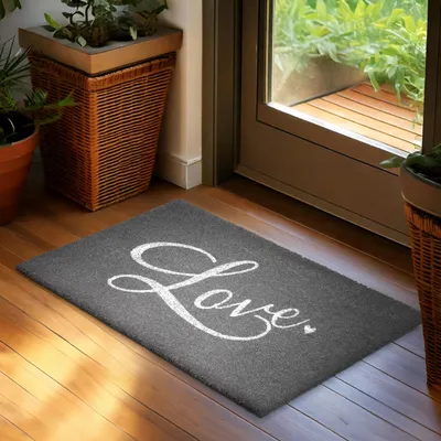 Produktbild von BRUBAKER Fußmatte Love mit Glitzer - 45x75 cm Kokos Schmutzfangmatte - Antirutsch & Wetterfest - Grau