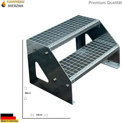 A galvanized steel two-step staircase with a grid pattern on a white background.