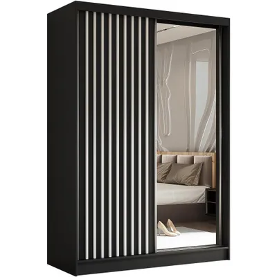 Produktbild von Schwebetürenschrank HELIX 150 cm Schwarz/Weiß – 2-türig, Kleiderschrank mit 2 Schubkasteneinsätze, Lamellen & Spiegel & Schiebetüren