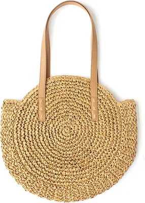 Produktbild von Strohhandtasche für Damen, runde Strohtasche, natürlich schick, große Sommer-Strandtasche mit gewebtem Henkel, Schultertasche, 45 x 41 cm