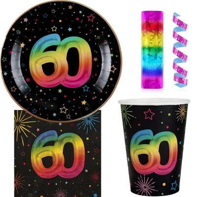 Produktbild von 60. Geburtstag Einweggeschirr bunt Partyset Party Geschirr Pappteller Pappbecher Servietten
