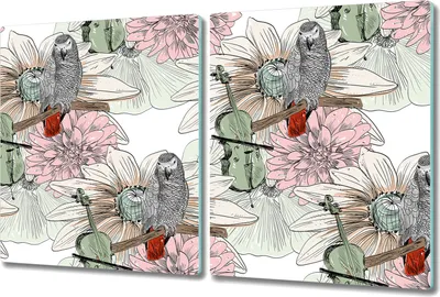 Produktbild von Glas-Herdabdeckplatte Glaskeramikkochfeld-Abdeckung Spritzschutz - 2x 40x52 cm - Papagei und Blumen