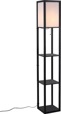 Zdjęcie produktu dla Lampa podłogowa HOMCOM z półkami, lampa podłogowa do salonu z gniazdem E27 do 40 W, lampka nocna z abażurem, lampa podłogowa do sypialni, gabinetu, biura, w stylu rustykalnym, czarna