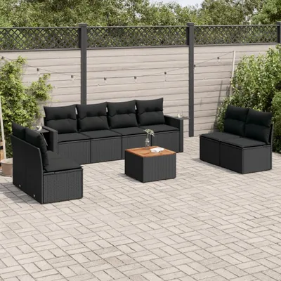 Produktbild von Design 9-tlg. Garten-Sofagarnitur mit Kissen Schwarz Poly Rattan, Gartenmöbel-Sets 2024 Neu