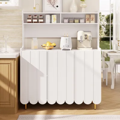 Produktbild von Flieks Küche Hochschrank Küchenbuffet mit 3 Türen, Küchenschrank Buffet mit Arbeitsplatte, Buffetschrank Highboard mit offenen Staufächern, weiß