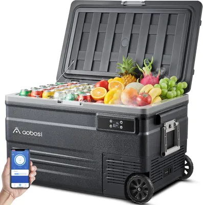Produktbild von 74-Liter-Kompressorkühlbox, Camping-Kühlschrank mit App-Steuerung, LED-Beleuchtung, Kühlbereich von -20 °C bis 20 °C, 12/24 V und 100-240 V, Kühlbox mit Kompressor und Rädern, für den Einsatz im Auto