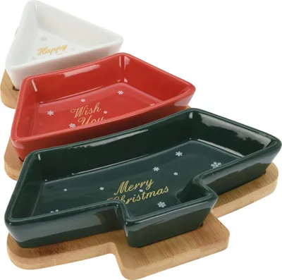 Image de Service Tree : plateau en bambou et 3 bols en grès avec or (27x20x4 cm)