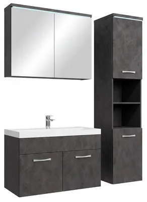 Produktbild von Badplaats Badezimmermöbel Set Paso 80 x 40 cm – Dunkelgrau – Waschtischunterschrank mit Spiegelschrank und Seitenschrank