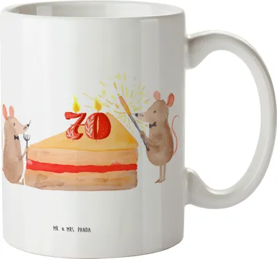 Produktbild von Mr. & Mrs. Panda Teetasse 70. Geburtstag Mäuse Kuchen - Weiß - Geschenk, Kaffeebecher, Geburtstagsgeschenk, haferl, Teebecher, Happy Birthday, Geburtstagskuchen, Hungrig