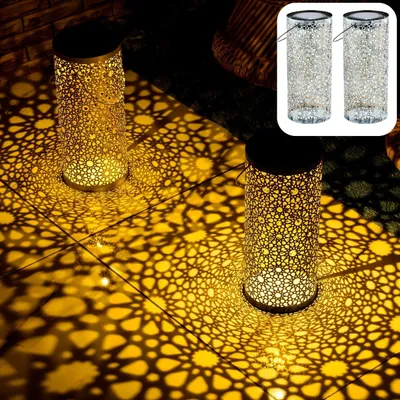 Produktbild von Marrakesch 2er Set Solarlaterne für außen mit Henkel aus Metall 30cm Groß | Orientalische Outdoor Solar LED Laterne Noum Grün IP65 Wasserdicht als Gartendeko Deko
