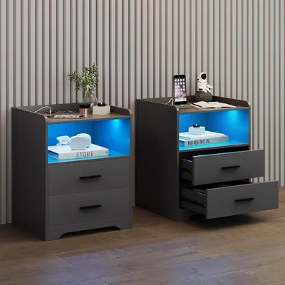 Productafbeelding van Nachtkastjes - Bedkastjes - Bijzettafel - Nachtmeubel - Dekenkastje - Set Van 2 Grijs - RGB-LED Verlichting