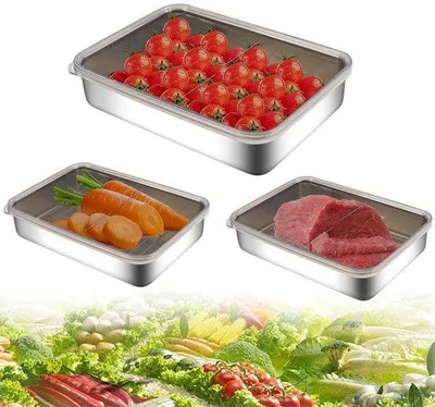 Productafbeelding van Unyqoos® RVS-vershoudcontainers, set van 3, met luchtdichte PP-deksels, gegroefd binnenprofiel – koelkastcontainers voor vlees, vis en groenten
