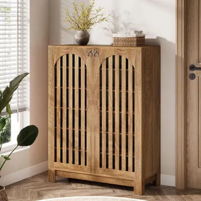 Image de Armoire à chaussures - Étagère à chaussures - 6 niveaux - Portes à lamelles - Étagères réglables - Pour le couloir/l'entrée - Bois naturel