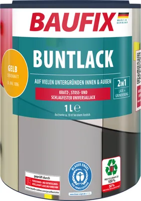 Produktbild von BAUFIX Buntlack gelb seidenmatt, 1 Liter, Lackfarbe
